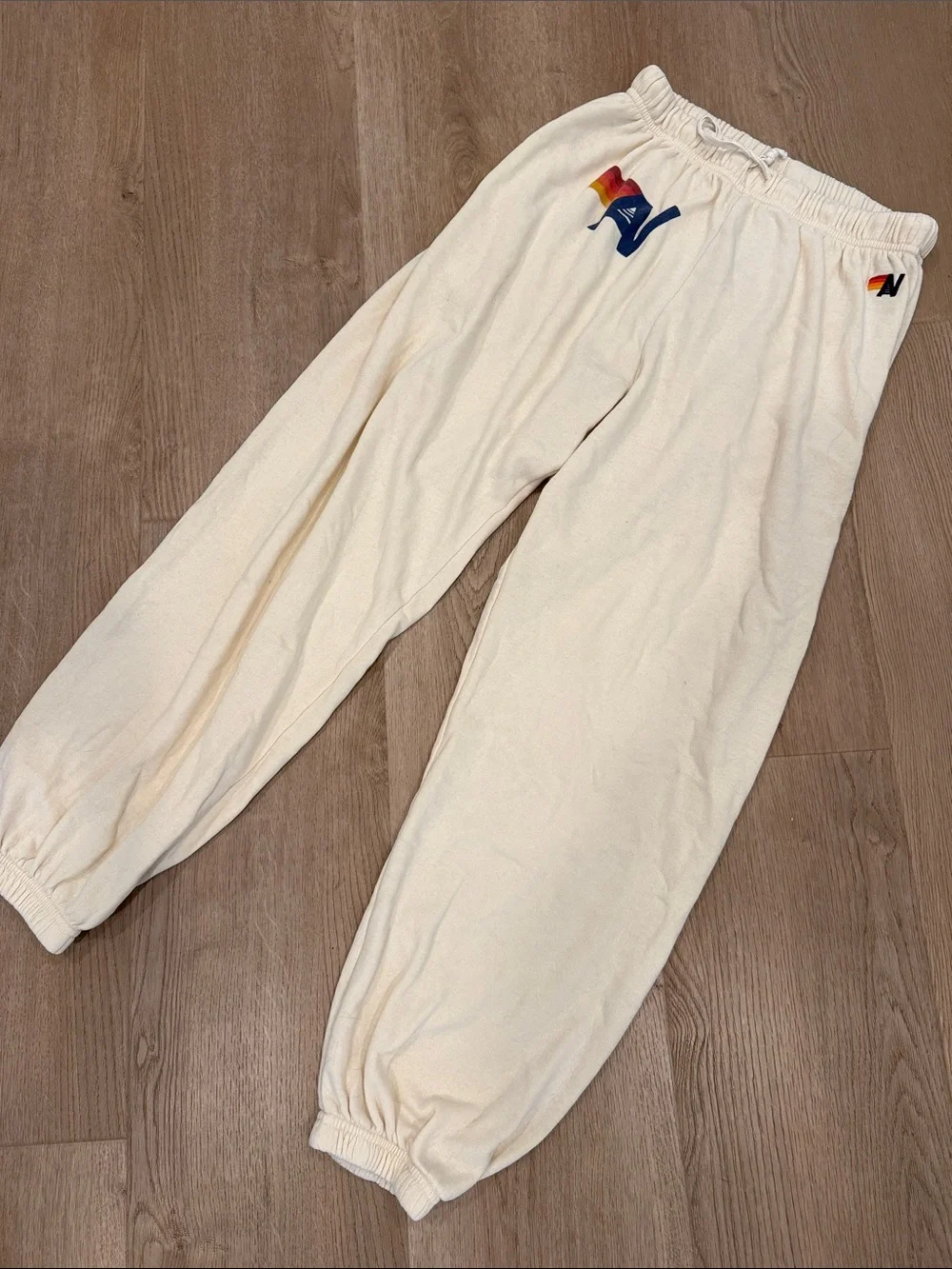 Aviator Nation Cream Sweatpants with Rainbow 'N' Logo